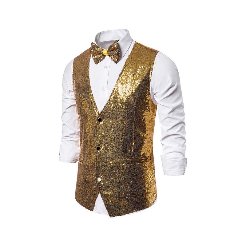 Catheive Men's Sequin Vest Shiny Suit Vest V-Neck Party Dress Waistcoat with Bowtie - Image 2
